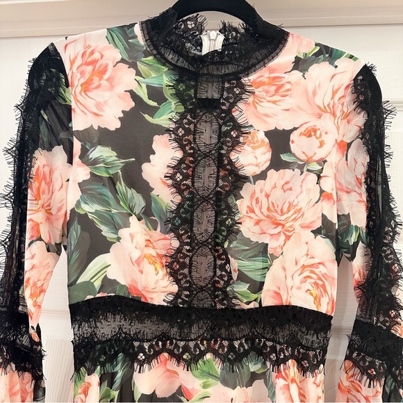 Floral Lace asymmetrical trim Silk Dress sz Small Pink Black - Picture 8 of 12